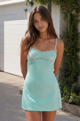 Chic Spaghetti Straps Satin Homecoming Dress with Rhinestone Beaded Bodice