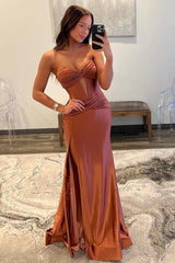 Chic Sweetheart Long Mermaid Satin Corset Prom Dress with High Slit