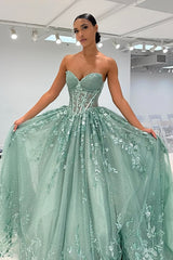 Classic A Line Sweetheart Mint Green Long Prom Dress with Appliques