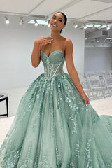 Classic A Line Sweetheart Mint Green Long Prom Dress with Appliques