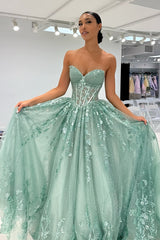 Classic A Line Sweetheart Mint Green Long Prom Dress with Appliques
