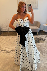 Classic A Line Sweetheart White Polka Dots Long Prom Dress with Bowknot