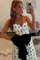 Classic A Line Sweetheart White Polka Dots Long Prom Dress with Bowknot