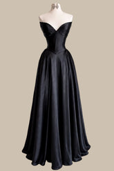 Classic Black Satin Prom Dress with Structured Corset Waist and Full Skirt
