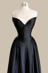 Classic Black Satin Prom Dress with Structured Corset Waist and Full Skirt