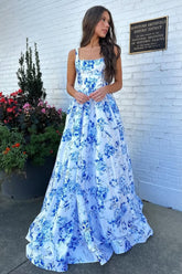 Classic Blue Floral A-Line Square Neck Backless Long Prom Gown