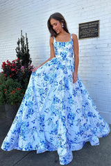 Classic Blue Floral A-Line Square Neck Backless Long Prom Gown