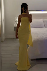 Classic Mermaid Strapless Yellow Long Prom Dress with Scarf