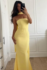Classic Mermaid Strapless Yellow Long Prom Dress with Scarf