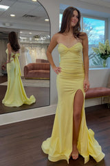 Classic Mermaid Sweetheart Yellow Long Prom Dress with Split Front Open Back