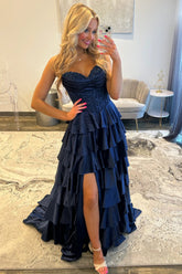 Classic Navy Blue A-Line Sweetheart Corset Prom Dress With Tiered Skirt