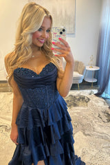 Classic Navy Blue A-Line Sweetheart Corset Prom Dress With Tiered Skirt