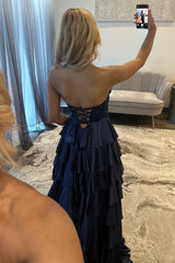 Classic Navy Blue A-Line Sweetheart Corset Prom Dress With Tiered Skirt
