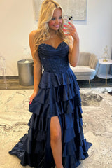Classic Navy Blue A-Line Sweetheart Corset Prom Dress With Tiered Skirt