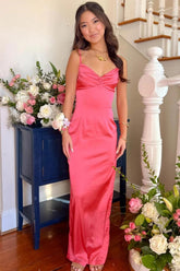 Classic Sheath Spaghetti Straps Candy Pink Long Prom Dress with Ruched