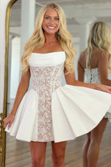 Classic White A-Line Strapless Homecoming Dress with Lace Detail