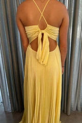 Classic Yellow A-Line Spaghetti Straps Prom Dress with Pleated Skirt