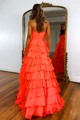 Coral A Line Prom Dress with Sweetheart Neckline Zipper Back and Ruffle Chiffon Skirt
