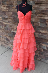 Coral A Line Spaghetti Straps Ruffle Prom Dress with Bowknot Detail