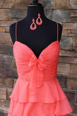Coral A Line Spaghetti Straps Ruffle Prom Dress with Bowknot Detail