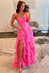 Pink Sweetheart Ruffle Tiered A-Line Prom Dress with Front Bow