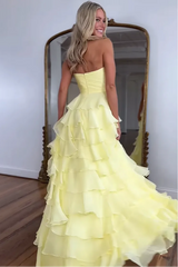 Cute Yellow Sweetheart Zipper Back A-Line Tiered Chiffon Prom Dress with Let Slit