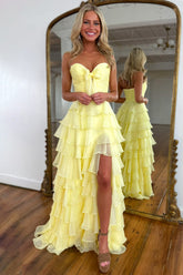 Cute Yellow Sweetheart Zipper Back A-Line Tiered Chiffon Prom Dress with Let Slit