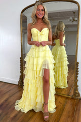 Cute Yellow Sweetheart Zipper Back A-Line Tiered Chiffon Prom Dress with Let Slit
