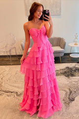 Pink Sweetheart Ruffle Tiered A-Line Prom Dress with Front Bow