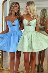 Cute A-Line Spaghetti Straps Short Satin Homecoming Dress with Beading