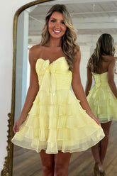 Cute A-Line Sweetheart Short Tiered Chiffon Homecoming Dress with Bowknot
