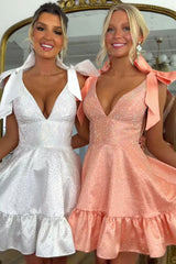 Cute A-Line V-Neck Short Beaded Homecoming Dress with Shoulder Bowknots