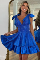 Cute A-Line V-Neck Short Beaded Homecoming Dress with Shoulder Bowknots