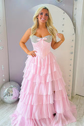 Cute A Line Sweetheart Pink Corset Prom Dress with Beading Ruffles