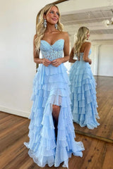 Cute Light Blue A-Line Sweetheart Lace Up Long Tiered Chiffon Prom Dress with Slit