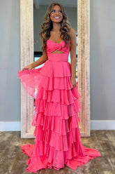 Lovely Pink Strapless A-Line  Long Ruffle Chiffon Skirt Prom Dress with Slit