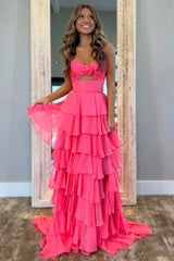 Lovely Pink Strapless A-Line Long Ruffle Chiffon Skirt Prom Dress with Slit
