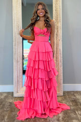 Lovely Pink Strapless A-Line Long Ruffle Chiffon Skirt Prom Dress with Slit