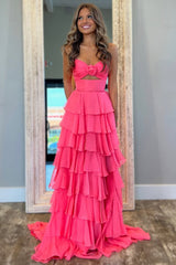 Lovely Pink Strapless A-Line Long Ruffle Chiffon Skirt Prom Dress with Slit