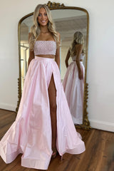 Cute Pink Strapless Beaded Top Long Satin Prom Dress with Slit