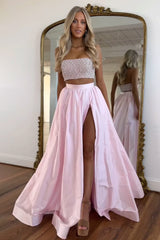 Cute Pink Strapless Beaded Top Long Satin Prom Dress with Slit