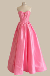 Cute Pink Strapless Evening Dress with Bow Decor and Ruched Corset Bodice