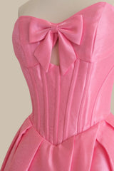 Cute Pink Strapless Evening Dress with Bow Decor and Ruched Corset Bodice