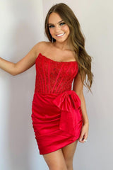 Trendy Red Strapless Lace Top Bodycon Short Satin Dress with Bowknot Homecoming Dress