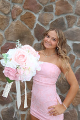 Cute Sheath Strapless Light Pink Short Homecoming Dress with Criss Cross Back