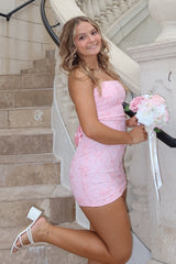 Cute Sheath Strapless Light Pink Short Homecoming Dress with Criss Cross Back
