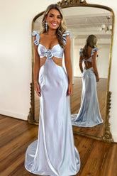 Cute Stylish Mermaid Satin Prom Dress with Waist Hollow Design Long Silhouette and Floral Accent