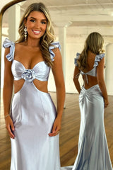 Cute Stylish Mermaid Satin Prom Dress with Waist Hollow Design Long Silhouette and Floral Accent