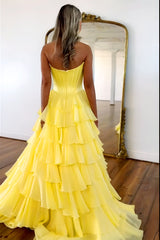 Pretty Sweetheart A-Line Satin Top Long Layered Chiffon Prom Dress with Slit