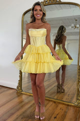 Cute Yellow A-Line Strapless Beaded Top Tiered Chiffon Skirt Homecoming Dress